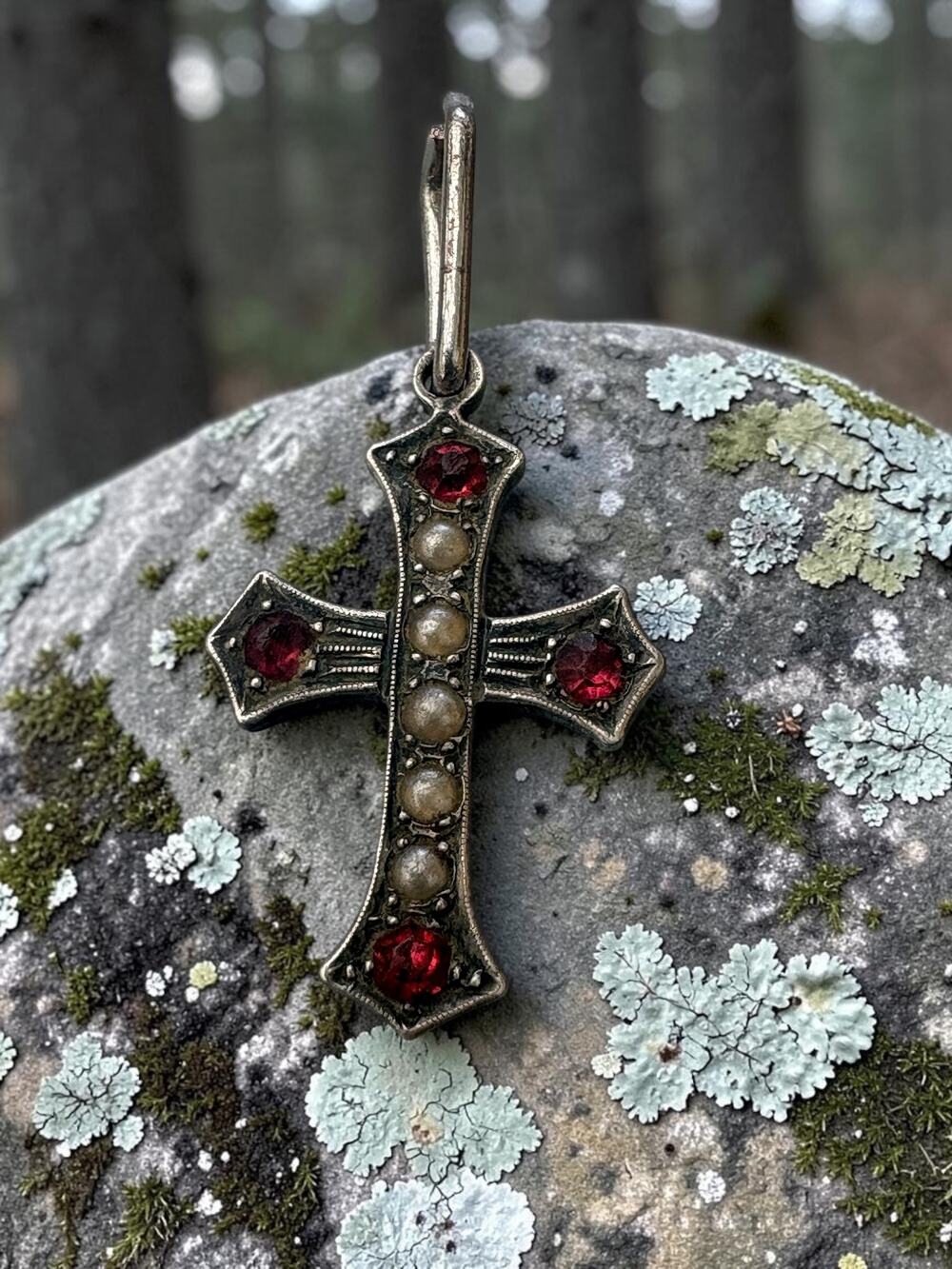 Vintage Sterling Silver Seed Pearls and Pearl Accent Cross Pendant Beaded Edge D